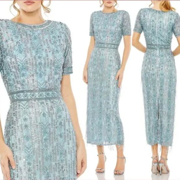 MAC DUGGAL 5980 HIGH NECK SHORT SLEEVE CRYSTAL FRINGE FRENCH BLUE MIDI DRESS 12 - Picture 6 of 6